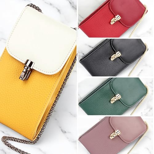 Genuine Leather Small Gold Metal Chain Phone Crossbody Purse, Color Block Shoulder Card Slot Wallet Cellphone Bag with Bling Rhinestone Key Ring (Red)4