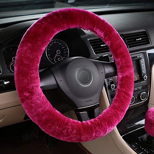 Mlovesie Fluffy Wool Car Steering Wheel Cover Genuine Sheepskin Steering Wheels Interior Accessories For Women Anti-Slip Universal For 15 Inch (Rose) #TOP28