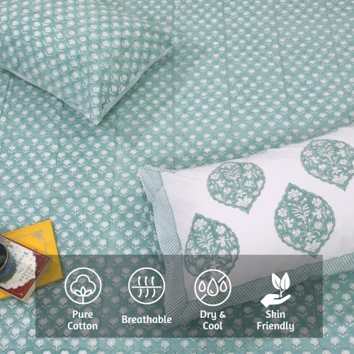 Image of TOAI Hand Block Printed Bedsheet | Bed Spread Flatsheet BedSheet | Pure Cotton | Queen Size 90 inchx108 inch | 300 TC Long Staple Cotton | 2 Reversible Pillow Covers |Cool Summer