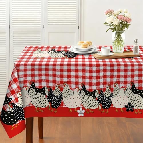 Verdiqor Rooster Rustic Country Tablecloth, Red Cute Gingham Table Cloths, Vintage Dining and Kitchen Table Decor for Picnic Dinner Party Decorations 54x72 Inch