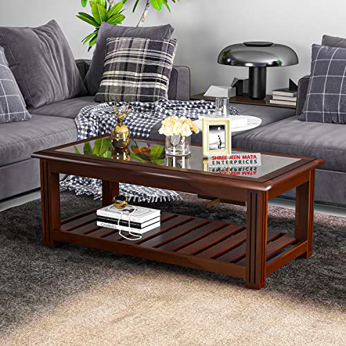 Image of Sheesham Wooden Centre Table with Storage Shelf for Living Room with Glass Top - Solid Wooden Coffee Table - Teapoy, Tea Table, Sofa Table & Center Table (Ariston Walnut)