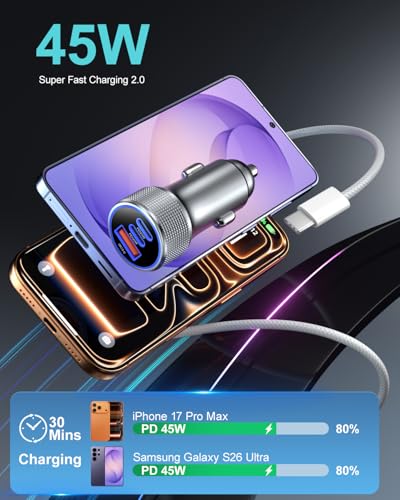 45W Super Fast Type C Car Charger for Galaxy S26 Ultra, Besgoods 93W USB C & USB A Cigarette Lighter Adapter Compatible with iPhone 18 17 16 15 Pro Max S25 FE S24 S22, 2Pack - image 3
