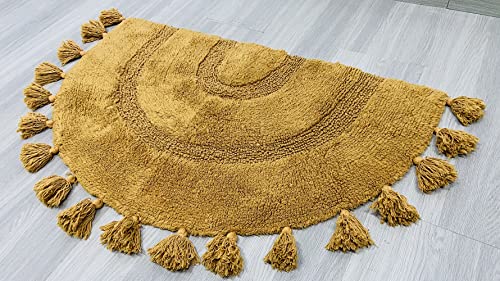 Half Circle Boho Bathroom Rug With Tassels 100% Cotton Hand-Woven Bath Mat Non Slip Absorbent Bath Rugs With Rug Pad Washable Boho Bath Mat Carpet For Tub, Shower 20"X32" Mustard #TOP4