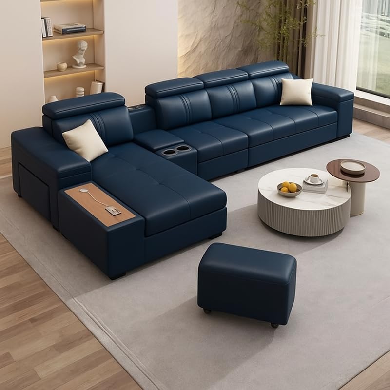 Image of Homax. Nimra Smart L-Shape 7-Seater Sectional Sofa Set with Console, Cup Holders, Charging Station & 2 Ottomans - Premium Leatherette Finish - Navy Blue Color Orientation RHS