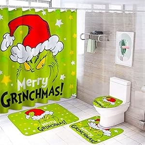 Christmas Bathroom Set of Four Xmas Bathroom Shower Curtain Grinchmas Decor Toilet Seat Cover and Rug Grinchmas Christmas Decorations Area Rug for Indoor Home