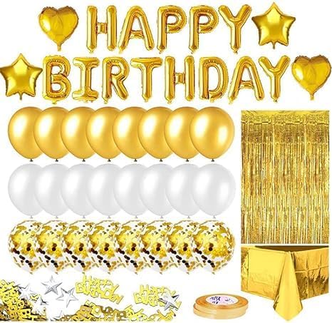 Kit de fiesta de globos de feliz cumpleaños, decoraciones de cumpleaños para mujeres, niños y niñas con cortina de flecos, mantel de aluminio,