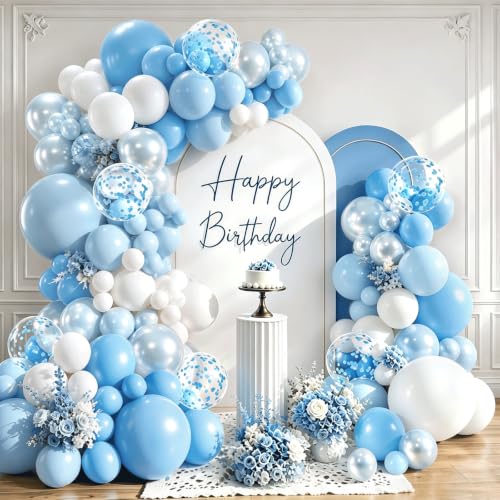 Image of Blocesa Pearl Blue and White Balloons Arch Kit Double Stuffed, Party Decor. | Baby /Light Pearl Blue White Confetti Blue Balloons Latex for Boy Baby Showers Gender Reveals Weddings Birthdays Decoration.