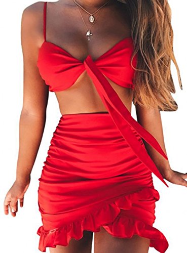katiewens Women's Strap Crop Top Outfit Two Piece Backless Bandage Bodycon Midi Dress Red