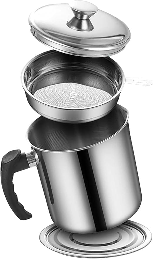 BROCCOLIN Grease Container with Fine Mesh Strainer 1.3L Cooking Can with Lid & Coaster Tray,Stainless Steel Oil Storage Pot for Frying Oil,Bacon Grease, Kitchen Use (Silver, Pack Of - 1)