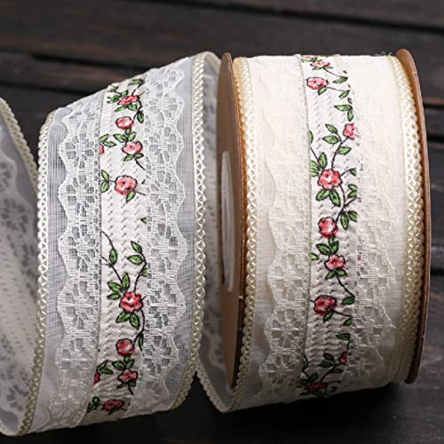 Rouleau de ruban en dentelle vintage blanc avec motif floral pour loisirs créatifs, couture, emballage cadeau, décoration de mariage printanier, fleurs rouges - 3,1 cm x 9,1 m Cover