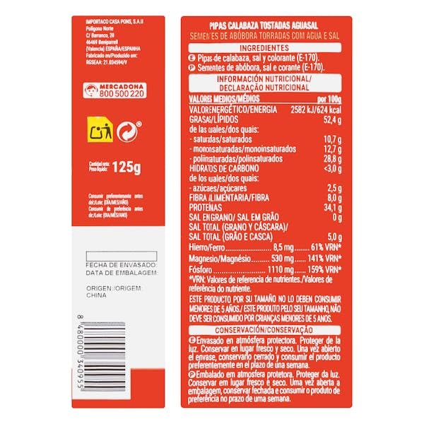 Hacendado Graines de Courge Grillées au Sel, Sans Conservateurs, Cultivées Sans Pesticides, 125g, Lot de 6