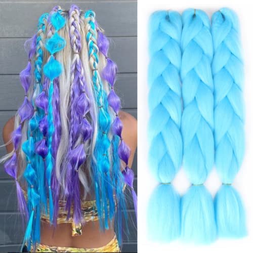 SOVAEER Sky Blue Jumbo Braiding Hair Extensions Jumbo Braids for Twist Box Braids Crochet Hair High Temperature Synthetic Fiber Single Color for Women 24 Inches 100g/bundle (3 Bundles/Pack,Light Blue)