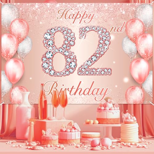 Image of Happy 82nd Birthday Rose Gold Banner Cheers to 82 Years Old Backdrop Confetti Balloons Theme Decor for Women 82 Years Old Pink Birthday Party Decorations Bday Supplies Background Favors Gift Glitter