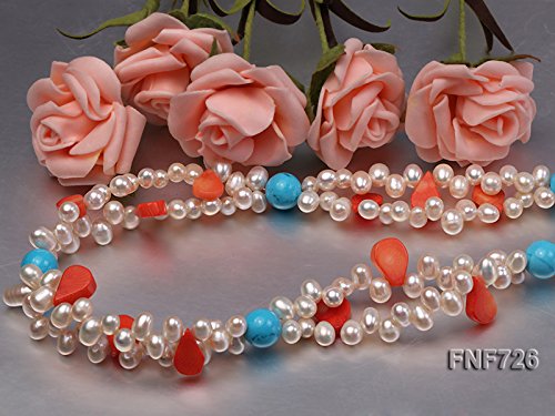 JYX Pearl Necklace Two-strand 6x7mm White Freshwater Pearl Necklace with Corals and Turquoise Beads for Women 19.5" - Image 4