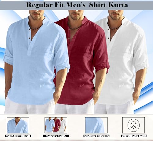 Image of Zombom Combo of Men's Solid Cotton Polyester Blend Full Sleeve Mandarin /Chinese Collor Straight Kurta Shirt (Pack of 3)