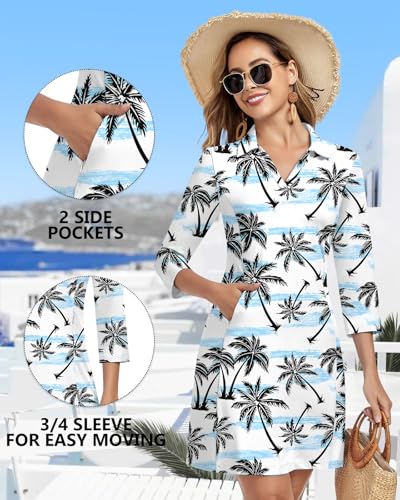 Image of WOWENY 3 /4 Sleeve Dress for Women with Pockets V Neck UPF 50+ Casual Sun Dress Breathable Quick Dry Beach Vacation