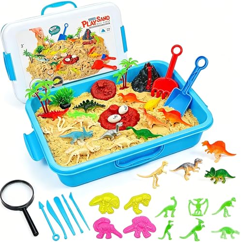 Vectronum Dinosaur Sensory Sand Kit for Boys Sensory Bin with Lid 2.64lbs Sand Archaeology Tools Dino Figures & Skeletons Dinosaur Toys for Kids Toddlers 3-5 5-7+ Year Old Christmas Birthday Gift