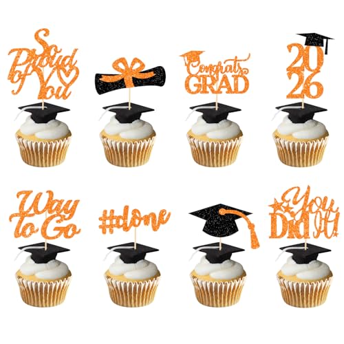 Graduation Decorations 2026 Orange, Graduation Cupcake Toppers 2026 Orange Black, Glitter Class of 2026 Cupcake Toppers Supplies, Class of 2026 Congrats Grad Cap Diploma Cupcake Picks - 40Pcs