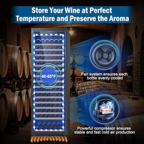 Image of Wine Fridge 24 Inch, 190 Bottles Freestanding or Built-in Wine Cooler Refrigerator with Sliding Rail Shelves, Professional Wine Cellar Low Noise, Black