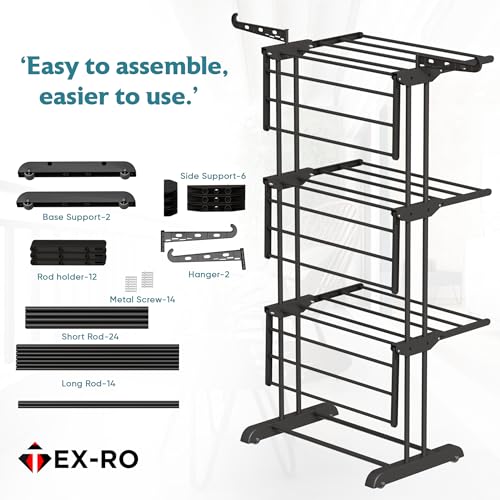 Image of TEX-RO Metal Clothes Drying Stand Foldable with Wheels - 3-Tier Cloth Dryer Stand for Balcony, Bedroom & Indoor Outdoor | Heavy Duty Hanger Stand for Clothes Hanging, Dress Drying Rack - Black