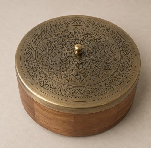 Image of D&G Homes Wooden Chapati Box Casserole | Kitchen Dabba With Lid | Dining Server For Rotis | Traditional Roti Storage Organizer | Durable And Elegant Design (Lotus Design Antique Finish)