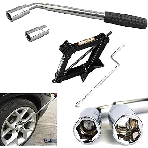 Universal Extendable Lug Wrench (17/19/21/23MM) + 2 Ton Scissor Jack Hand Screw Spare Tire Repair Tool Kit for Cars Vans Trucks Trailers Cover