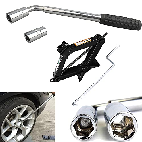 Universal Extendable Lug Wrench (17/19/21/23MM) + 2 Ton Scissor Jack Hand Screw Spare Tire Repair Tool Kit for Cars Vans Trucks Trailers
