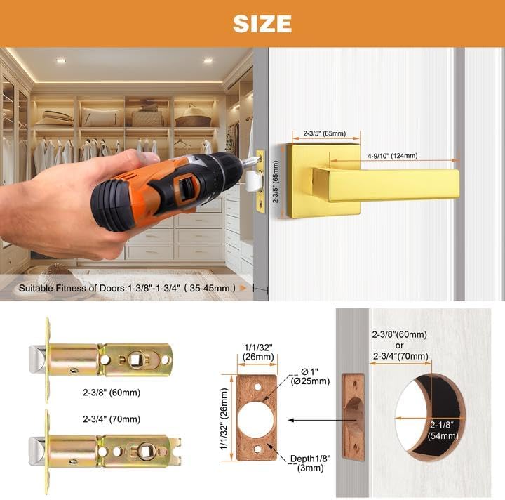 Probrico Square Brushed Gold Passage Door Handle Heavy Duty Keyless Lock for Hallway Closet(1Pack) and Dummy Door Handle Interior Door Levers Square Single Non-Turning(1Pack)