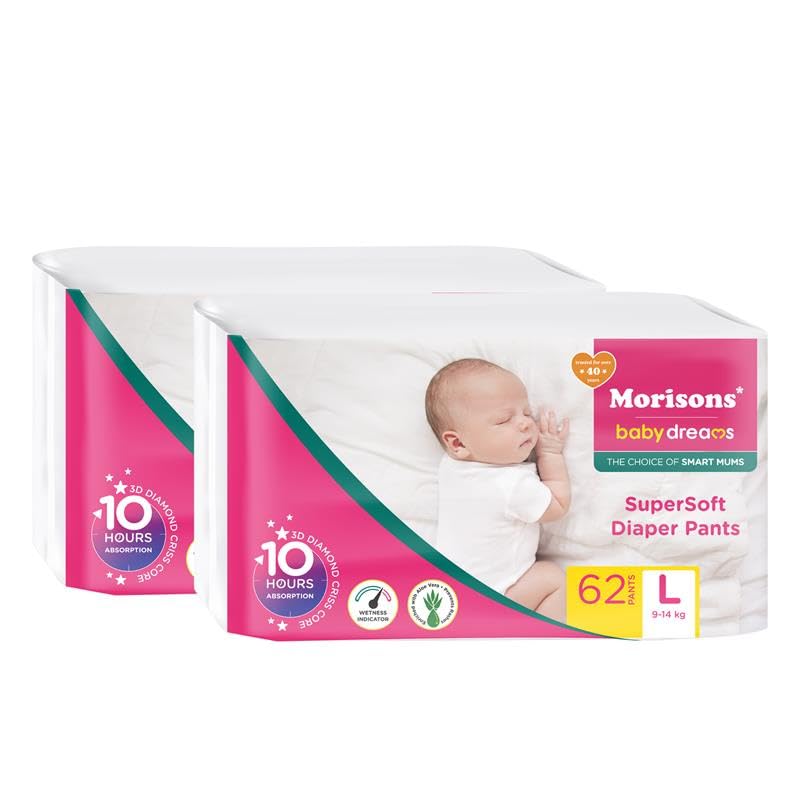 Image of Morisons* babydreams THE CHOICE OF SMART MUMS Super Soft Diaper Pant L (62 Count, Pack of 6), White
