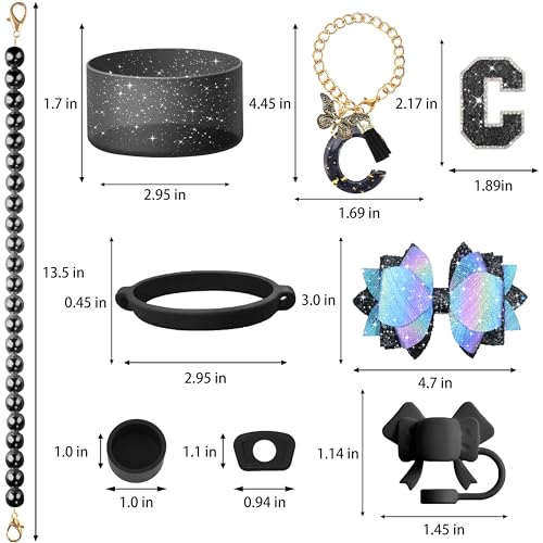 Hpebl 9PCS Black for Stanley Cup Accessories Set Bling Initials Bow Charms for Stanley Decorations 30/40 Oz Tumbler Accessories Including Bow Straw Topper, Handle Strap, Spill Stopper（Letter C） - image 3