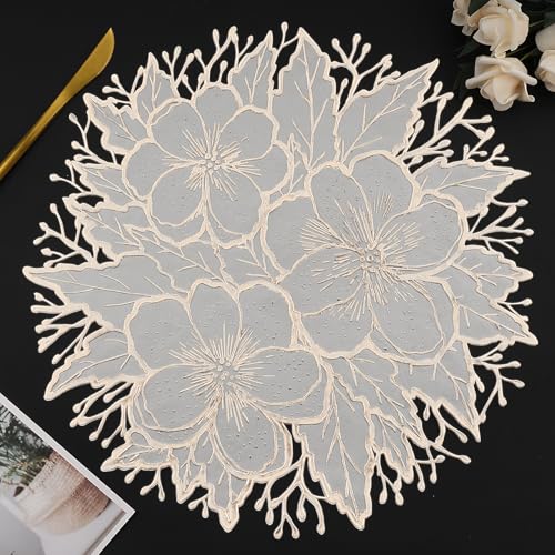 Placemats Set of 6, Gold White Place Mats Pressed Plum Flowers Vi...
