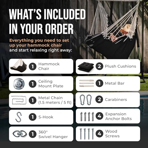 Image of Hanging Hammock Chair Swing - Hanging Chair Outdoor & Indoor - Hammock Swing Chair - Quick & Easy Setup with Hardware Kit - Durable & Spacious Full Body Support with 2 Plush Cushions - Holds 440 Lbs