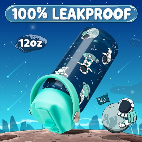 Image of SANDJEST Astronaut Water Bottle - Kids Water Bottle with Straw Lid - 12 Oz Insulated Stainless Steel Water Bottles for Kid Boys - Travel Cup for School Sports