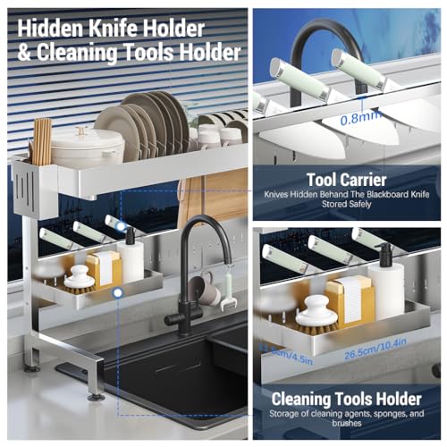 Image of HASTHIP Stainless Steel Double Layer Adjustable Over Sink Dish Drying Rack | Counter Top Sink Rack, Adjustable Width 53-68CM, Large Capacity Saves Space, Sturdy Stable, Hold a Variety of Utensils