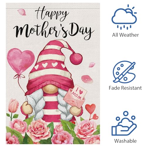 Heyfibro Happy Mother's Day Gnome Garden Flag 12x18 Double Sided Burlap, I Love Mom Flower Rose Love Heart Yard Banner for Spring Outside Outdoor House Mothers Day Decoration (ONLY FLAG) - Image 6