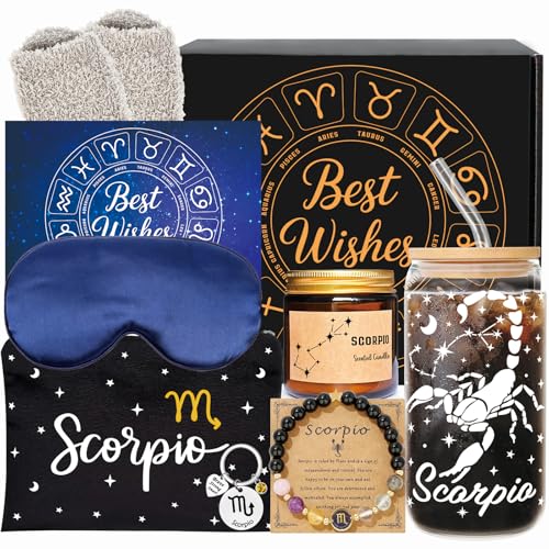 Scorpio Birthday Gifts for Women - Scorpio Glass Cup Gift set for Her - Astrology Basket for Mom...