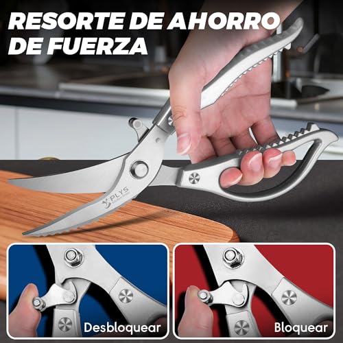 Miniatura 4 de Tijeras De Cocina Multifuncionales: Acero Inoxidable Afilado,Con Cerradura De Seguridad,Aptas Para Aves, Pollo, Carne, Pescado, Verduras Y Parrilla Plateadas