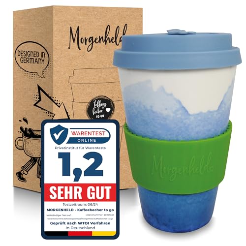 Morgenheld Coffee-to-go Gobelet « Holi_blue » 380 ml | Tasse à café en porcelaine avec couvercle en silicone sans BPA | Gobelet durable avec couvercle | Emballage sans plastique | Parfait pour le café