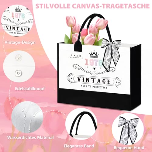 50.Geburtstag Geschenk Frau,Vintage 1976 Canvas Einkaufstasche Tragetasche Kosmetiktasche 7 Set mit Becher Strohhalm Grußkarte,50. Geburtstagsgeschenk für Mama, Freundin, Kollegin oder Schwester