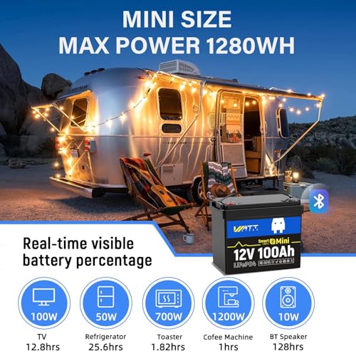 Image of Wattcycle 12V 100Ah LiFePO4 Lithium Mini Battery with Bluetooth, Smart 100A BMS - 15000 Cycles, Mini 12V Lithium Battery for RV, Marine, Boat, Trailer Group 24 Lifepo4 Battery