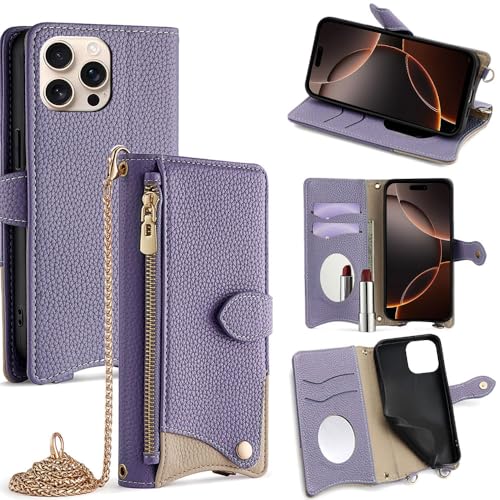 TilGillCase Designed for Huawei Mate 80 Pro Max,Classic Fishtail Styling,Imitation Lychee Pattern PU Leather,Mini Makeup Mirror,Adjustable Long Shoulder BeLe,Lanyard Phone Cases，Purple