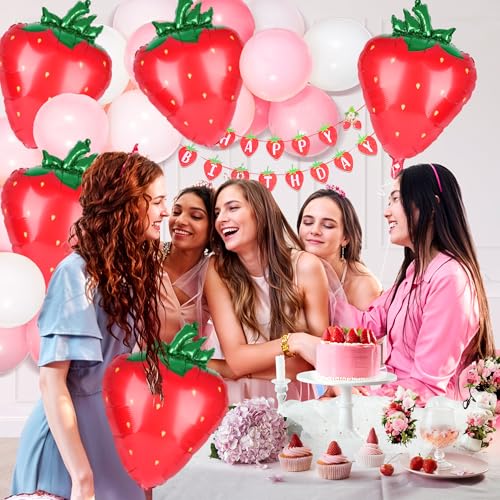Image of Kriyokiaa 8 PCS Strawberry Balloons, 28 inch Berry First Foil Balloon Shortcake Birthday Decor Perfect for Strawberry Birthday Party Decorations, Baby Shower Decorations