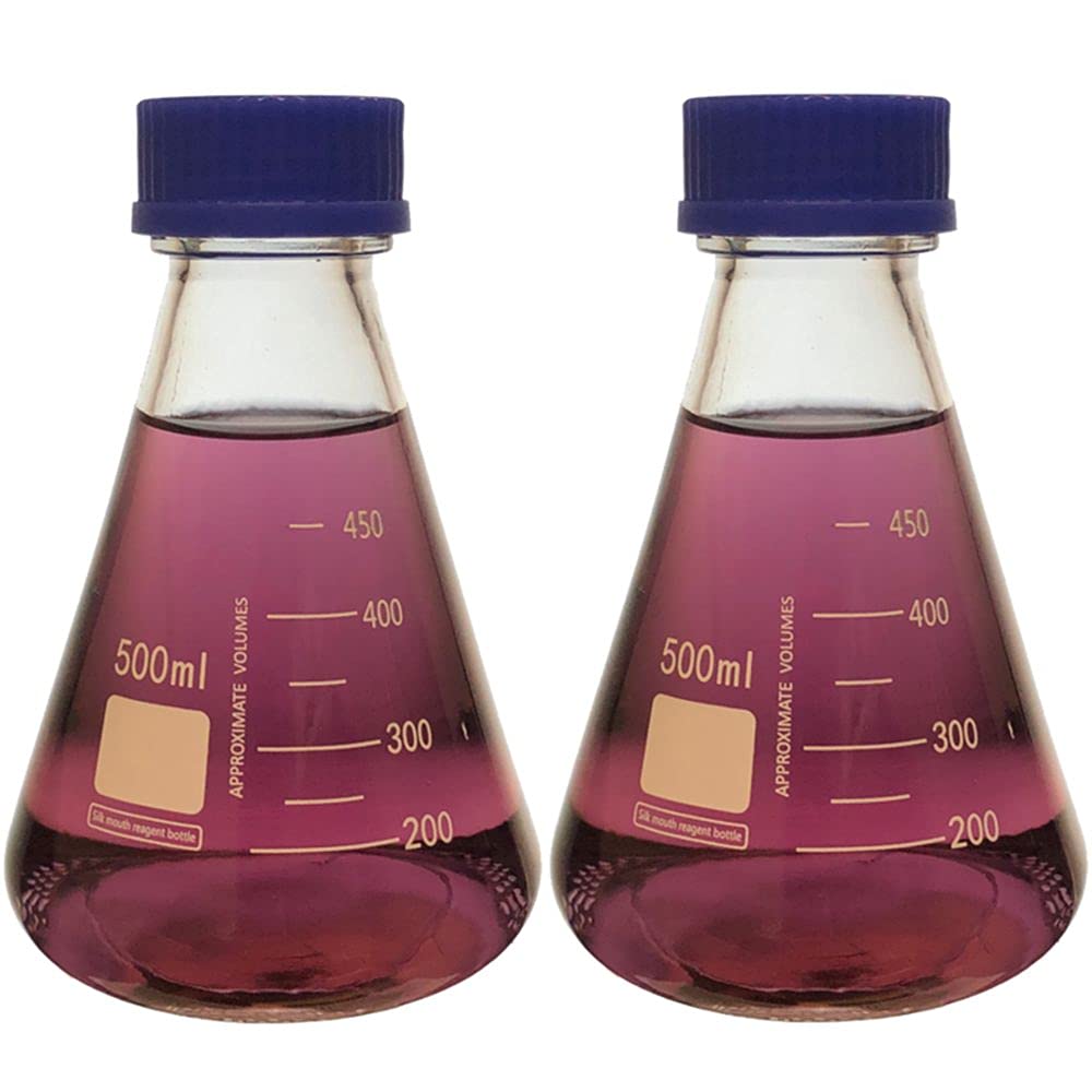 Erlenmeyer - Termo (500 ml, tapón de rosca azul, cristal de borosilicato, graduado (paquete de 2)