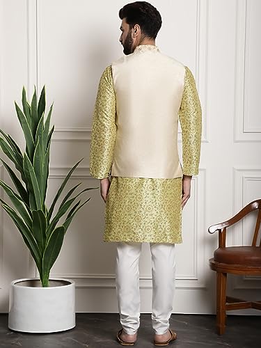 Image of SOJANYA (Since 1958 Men's Cotton Linen Maroon Kurta and White Pyjama with Mustard Cotton Nehru Jacket