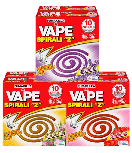 Vape Spirali Z Profumate Lavanda Geranio Citronella - Repellente Antizanzara - Insetticida per Zanzare Comuni e Tigre - Presidio Medico Chirurgico - 60 Spirali con Profumazioni Assortite
