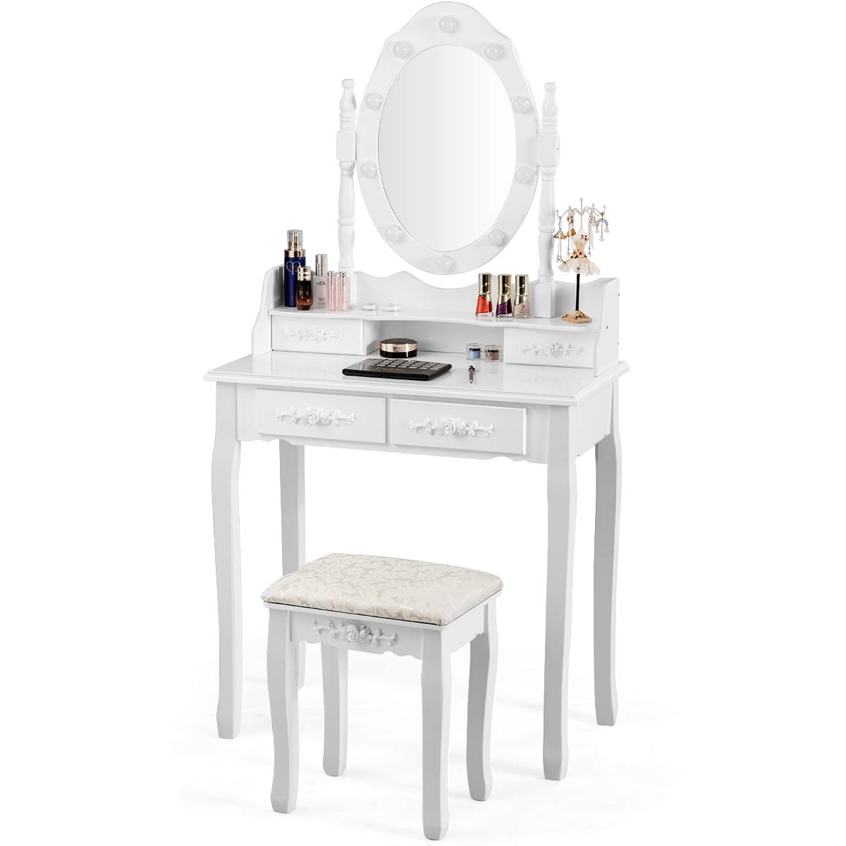 RELAX4LIFE Toeletta Trucco con Luci, Postazione Trucco con Sgabello e Specchio Girevole a 360°, Luminosità Regolabile, Tavolo da Trucco per Camera da Letto (Bianco, 75 x 40 x 146cm)