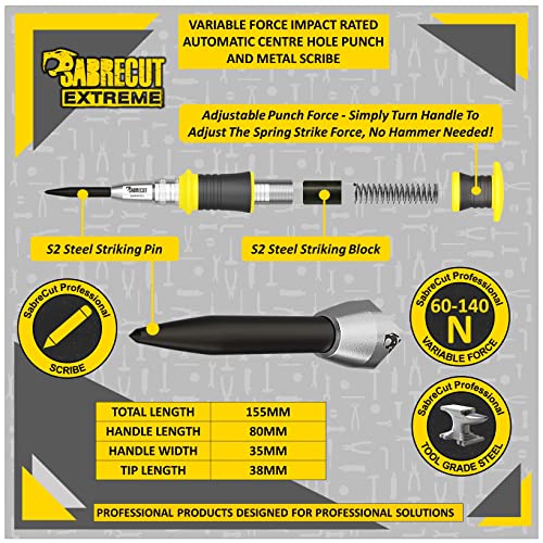 1 Stück SabreCut AHPSC01 Hochleistungs-Körnerlocher mit automatischem Federantrieb und einstellbarer Schlagkraft von 60â€“140 Newton. Geeignet für Metall Holz Kunststoff und viele andere Materialien