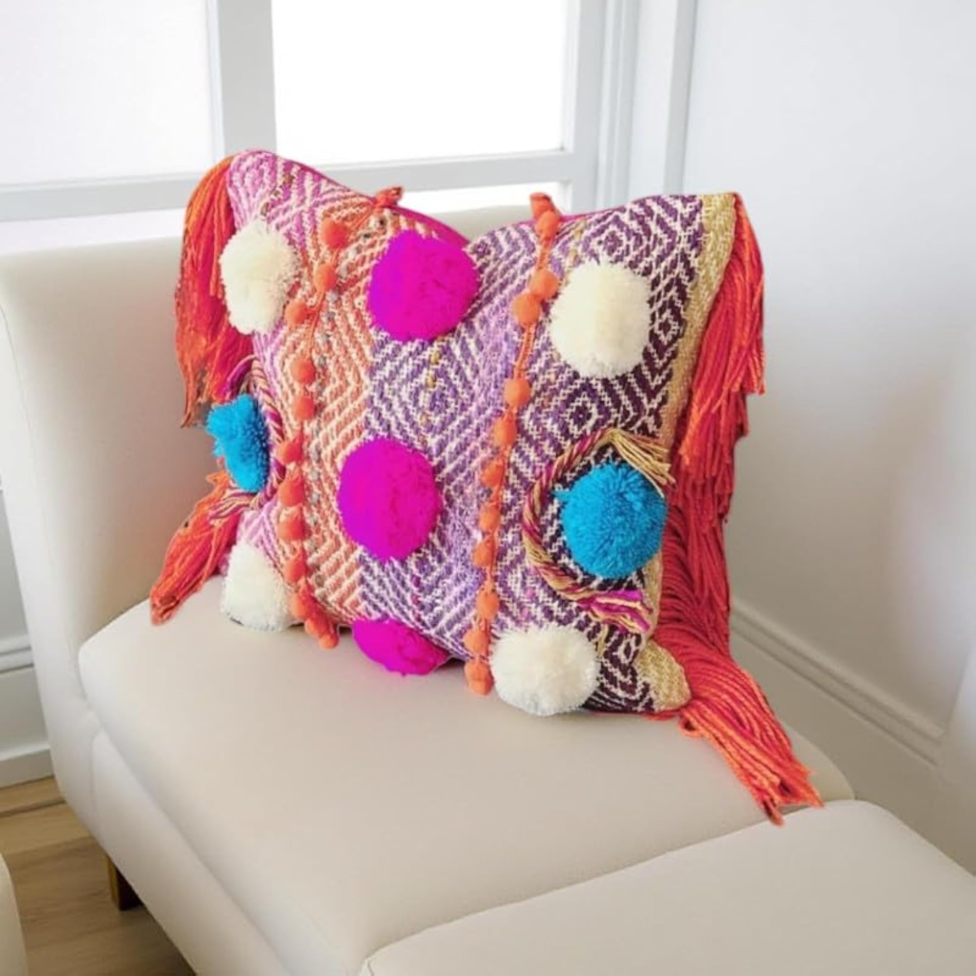 Aztec Throw Pillow Cover, Boho Pom-Pom Cushion