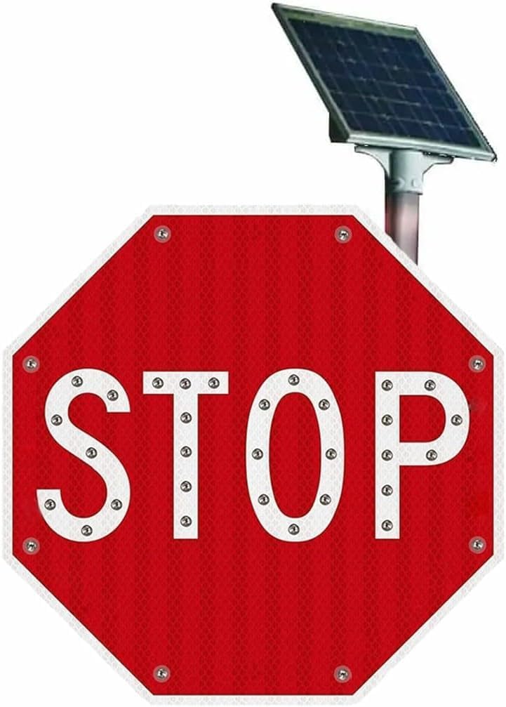 Stop Sign Solar Flashing Traffic Signs, LED Blinking Reflective Street Safety Signal, Heavy Duty Aluminum Metal Frame Traffic Warning Lights