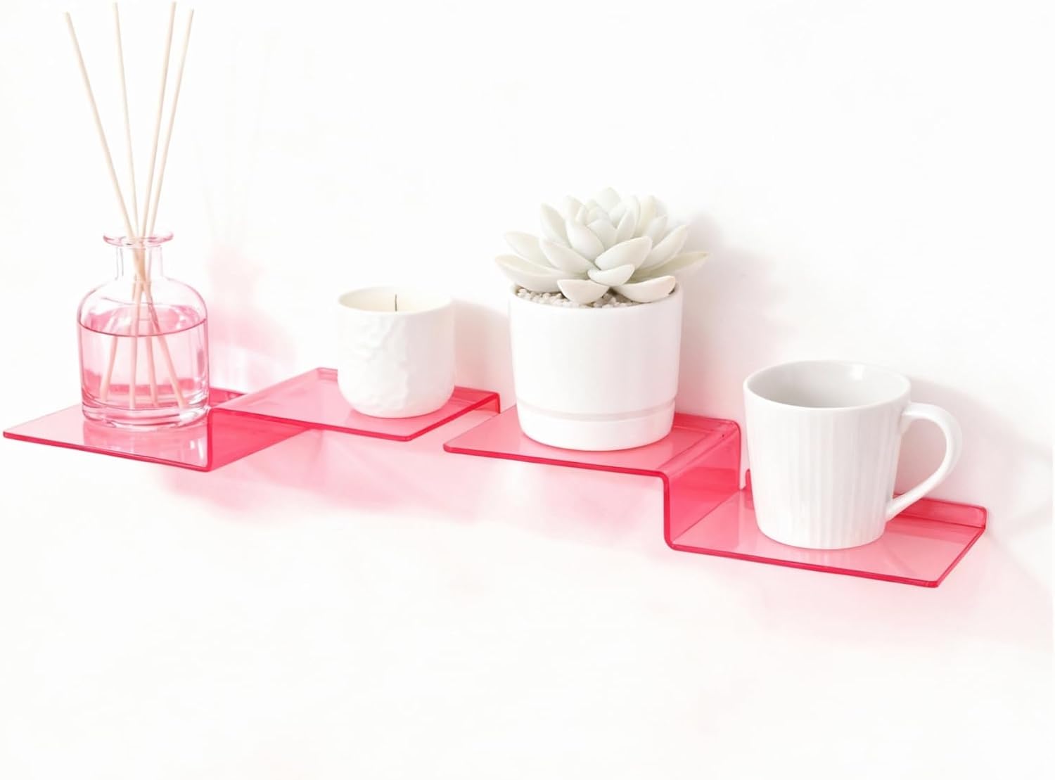 SetGame 2-Pack Acrylic Shelves Z-Shaped Display Stand Wall Mounted, 12 Inch Wall Storage Organizer for Toys, Books, Plants, Photos Album, Suit for Office, Living Room, Room Decor (Neon Pink)